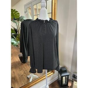 Adrianna Papell Women’s Blouse Large Black White Polka Dot Ruffle Neck Sz Large